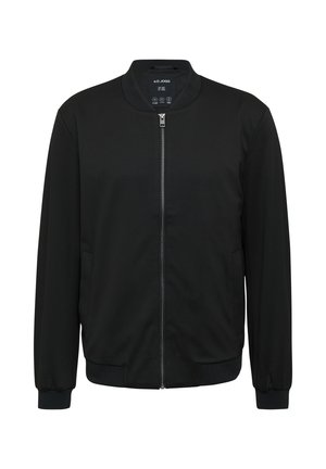 Schwarze Bomberjacke mit Reißverschluss vorne, gerippten Bündchen und Saum sowie rundem Halsausschnitt. Hergestellt aus glattem Stoff mit Seitentaschen.