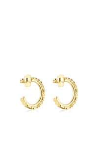 Pendientes de aro de oro con un diseño texturizado, que presentan una forma redondeada y pequeños acentos florales en el cierre. Acabado de superficie reflectante.
