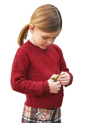 Maglione rosso lavorato a maglia con un motivo a diamante testurizzato, polsini e orlo a costine. Gonna a quadri marrone con dettagli sulle tasche. Bambino che tiene dei fiori.