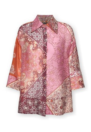 Blouse met lange mouwen en knopen, brede kraag, met een patchwork van roze, oranje en bordeaux paisley- en bloemenpatronen.