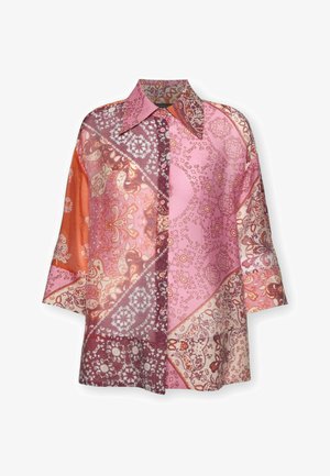 Blouse met lange mouwen en knopen, brede kraag, met een patchwork van roze, oranje en bordeaux paisley- en bloemenpatronen.