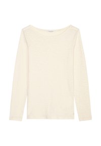 Langarmtop in Off-White, aus einem strukturierten, leichten Stoff gefertigt. Verfügt über einen weiten Boot-Ausschnitt und ein dezentes Logo am Saum.