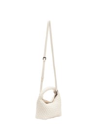Geflochtene Lederhandtasche in Off-White, mit einem gekrümmten oberen Griff und einem langen, verstellbaren Trageriemen. Kompakte Form mit strukturierter Oberfläche.