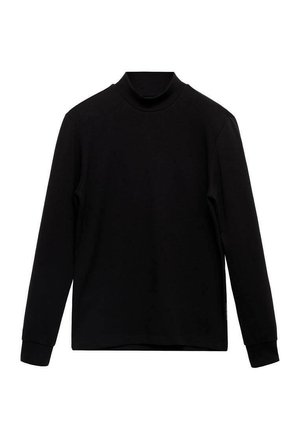 Top negru cu mânecă lungă, cu un guler înalt, realizat dintr-un material neted și elastic. Prezintă manșete ajustate și o culoare solidă fără modele.