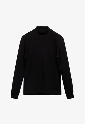 Top negru cu mânecă lungă, cu un guler înalt, realizat dintr-un material neted și elastic. Prezintă manșete ajustate și o culoare solidă fără modele.