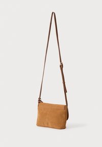 Brown suede crossbody bag with a long adjustable strap, rectangular shape, and minimalistic design. Smooth texture, no prominent hardware.