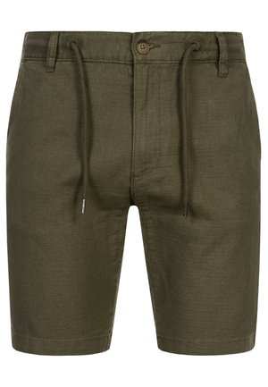 Shorts khaki confecționați dintr-un material texturat, având un brâu elastic cu șnur, închidere cu buton și două buzunare laterale. Lungime până la mijlocul coapsei.