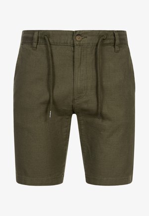 Shorts khaki confecționați dintr-un material texturat, având un brâu elastic cu șnur, închidere cu buton și două buzunare laterale. Lungime până la mijlocul coapsei.
