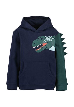 Sweat à capuche bleu marine avec impression visage de dinosaure vert sur le devant, une manche verte avec des pointes en tissu, et une poche kangourou devant.
