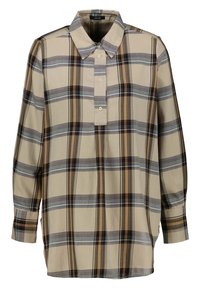 Camicia a quadri beige con maniche lunghe, colletto abbottonato e pattina a due bottoni. Presenta strisce alternate in tonalità di marrone e blu.