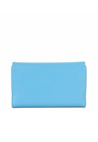 Portafoglio in pelle azzurro chiaro, forma rettangolare, texture liscia, con cuciture accurate e accenti sottili sui bordi.