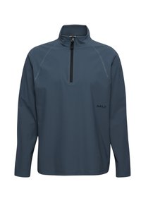 Halve rits pullover in donkerblauw, gemaakt van textuurstof. Heeft een staande kraag en subtiel HALO-logo aan de linkerkant. Lange mouwen.