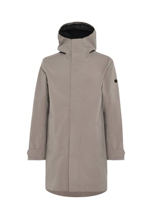 Lysegrå vandtæt frakke med høj krave, lange ærmer, sidelommer og en sort inderside. Har et minimalistisk design og rene linjer.