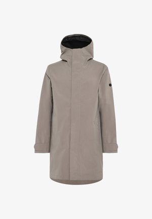 Manteau imperméable gris clair avec col montant, manches longues, poches latérales et intérieur noir. Présente un design minimaliste et des lignes épurées.