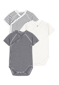 Három rövid ujjú bodysuit: kettő tengerészkék és fehér csíkos, egy pedig egyszínű fehér. Jellemzője a keresztezett kialakítás és a patentos záródás az alján.