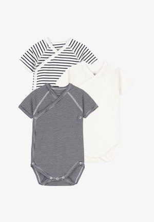 Trys trumpų rankovių bodysuit'ai: du su tamsiai mėlynais ir baltais dryžiais, vienas visiškai baltas. Yra apvynioto dizaino ir spaudžių uždarymų apačioje.