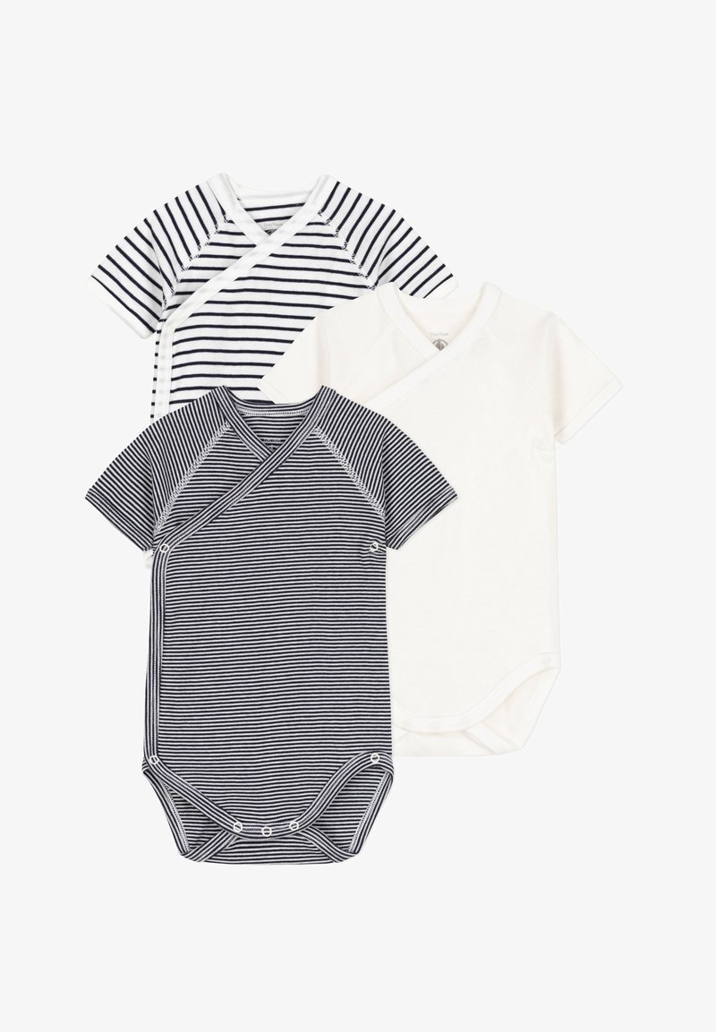 Trys trumpų rankovių bodysuit'ai: du su tamsiai mėlynais ir baltais dryžiais, vienas visiškai baltas. Yra apvynioto dizaino ir spaudžių uždarymų apačioje.