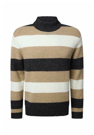 Gestreifter Pullover mit hohem Kragen; zeichnet sich durch abwechselnde Streifen in Beige, Creme und Schwarz aus; hergestellt aus einem weichen, strukturierten Strickmaterial.