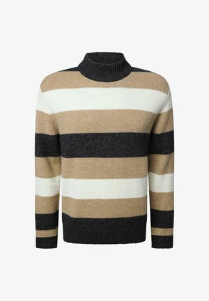 Gestreifter Pullover mit hohem Kragen; zeichnet sich durch abwechselnde Streifen in Beige, Creme und Schwarz aus; hergestellt aus einem weichen, strukturierten Strickmaterial.