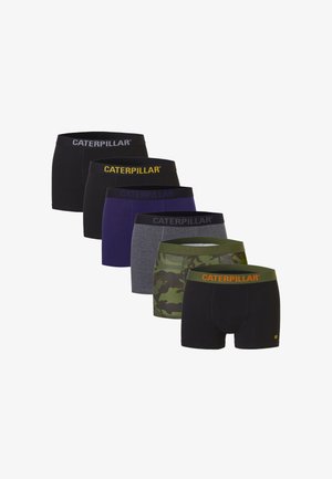 Six paires de boxers pour hommes en noir, violet foncé, gris et camouflage, dotés de ceintures élastiques de marque CAT dans des couleurs contrastées.