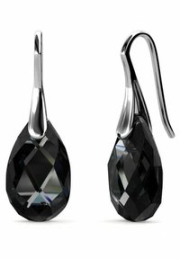 Orecchini a goccia in cristallo nero con design sfaccettato, montati su un gancio argentato lucido. Presentano superfici lisce e riflettenti e una forma a goccia.