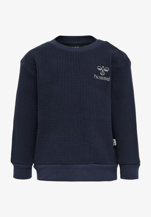 Dunkelblaues Sweatshirt mit Waffelstruktur, rundem Kragen, gerippten Bündchen und gesticktem Logo auf der Brust. Druckknöpfe an der Schulter.
