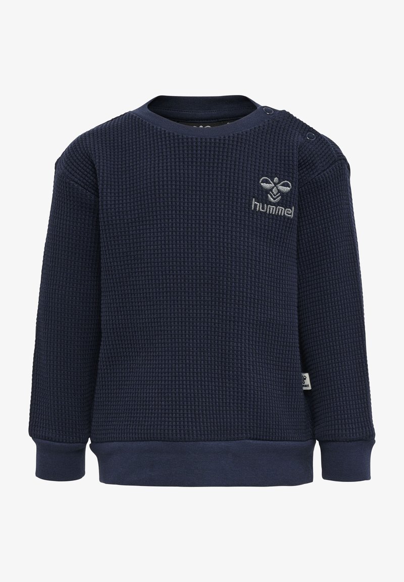 Niebieska, waflowa bluza z okrągłym dekoltem, ściągaczami na rękawach i haftowanym logo na piersi. Napy na ramieniu.