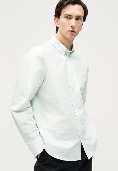 Νεαρός άνδρας που φοράει ανοιχτοπράσινο πουκάμισο με κουμπιά και μακριά μανίκια, στέκεται με τα χέρια στις τσέπες μπροστά σε απλό ανοιχτό φόντο.