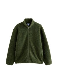 Green fleece jacket with high collar, full front zipper, and side pockets. Textured surface and slightly oversized fit.
