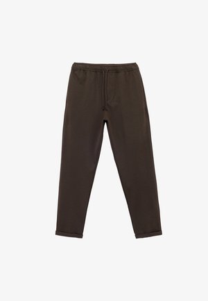 Pantalones de chándal marrones hechos de un tejido suave, con una cintura elástica y cordón, piernas ajustadas y dobladillos acampanados.