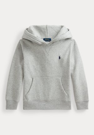 Grijze hoodie met een capuchon, v-hals en een voorzak in kangoeroestijl. Heeft een klein blauw logo op de borst en ribboord aan de uiteinden van de mouwen.