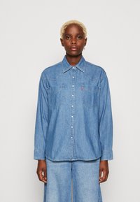  Lichtblauw denim shirt met een kraag, lange mouwen, twee voorzakken en knoopsluiting met stiksels.