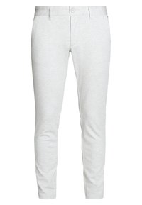 Light gray pants made of cotton blend. Features a fitted design, flat front, button closure, and tapered legs with minimal texture.