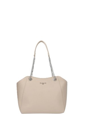 Borsa tote sintetica beige con doppi manici a catena, bordi arrotondati e un sottile logo decorativo sulla parte frontale. Texture liscia con un design strutturato.