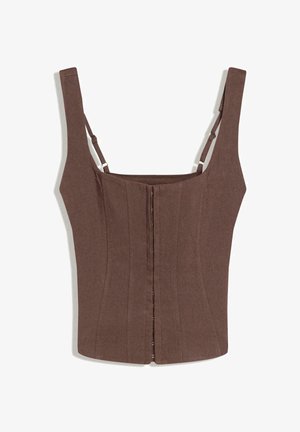 Barna, testhez simuló fűzőtop széles vállpántokkal, elöl cipzáras záródással, függőleges varrásokkal és texturált szövettel.