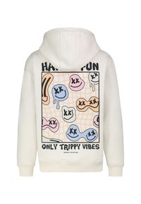 Weißer Hoodie mit einem bunten Grafikdesign auf der Rückseite, das abstrakte Formen, Smiley-Gesichter und den Text "HAB SPASS NUR TRIPPIGE VIBES" zeigt. Weicher Stoff.