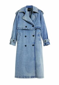 Jeans-Trenchcoat in Himmelblau mit doppelreihigem schwarzen Knopfverschluss, breiten Revers und umgekrempelten Ärmeln. Verfügt über Seitentaschen.