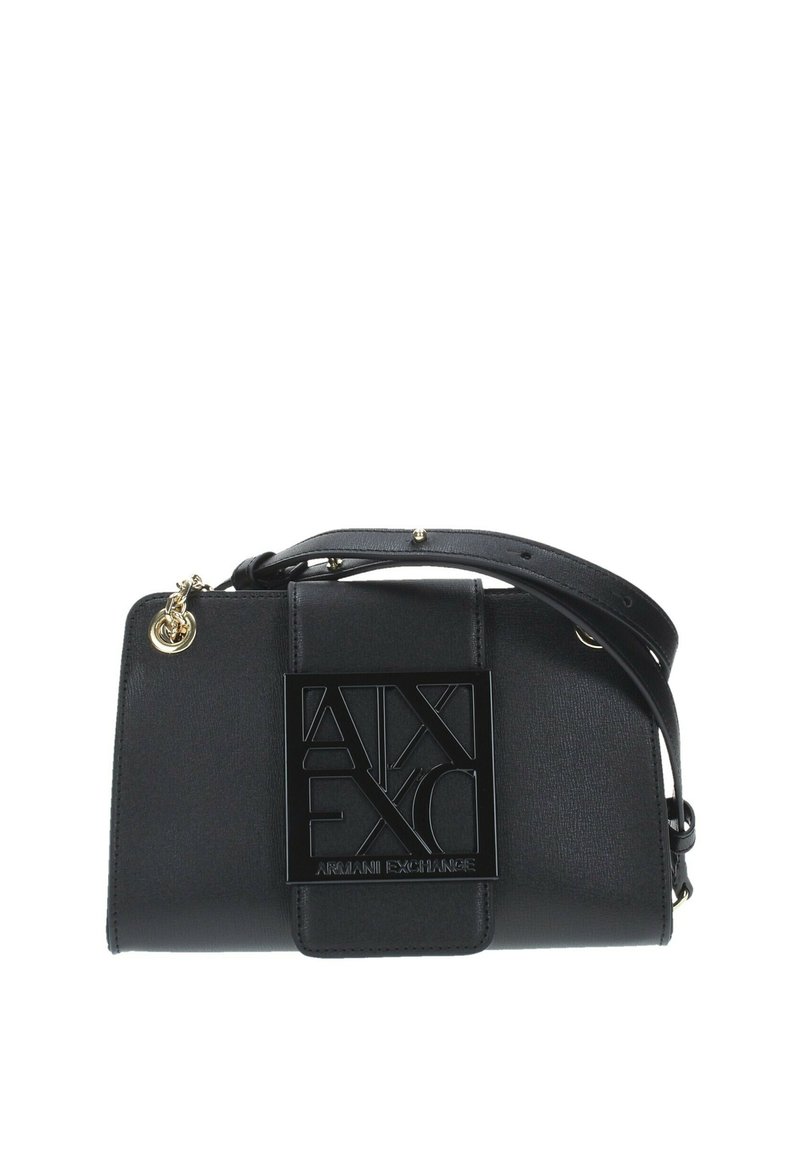 Borsa strutturata nera realizzata in materiale sintetico testurizzato. Presenta un logo nero in evidenza sul davanti, una tracolla rimovibile e dettagli dorati.
