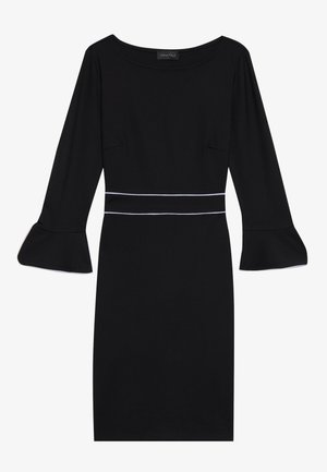 Black dress with a fitted silhouette, bell sleeves, and white trim at the waist. Made from soft fabric, it features a round neckline.