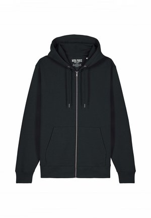 Zwarte rits-hoodie gemaakt van een katoenmix, met een voorzak in kangoeroestijl, een trekkoordcapuchon en ribbels aan de mouwen en onderkant.