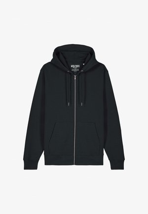 Zwarte rits-hoodie gemaakt van een katoenmix, met een voorzak in kangoeroestijl, een trekkoordcapuchon en ribbels aan de mouwen en onderkant.