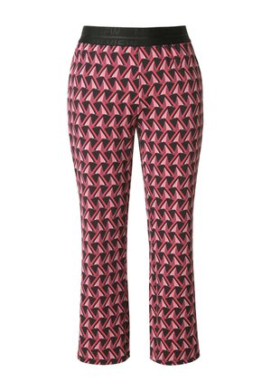 Rosa-schwarze, geometrisch gemusterte Hose mit leicht ausgestelltem Bein und einem schwarzen elastischen Bund.