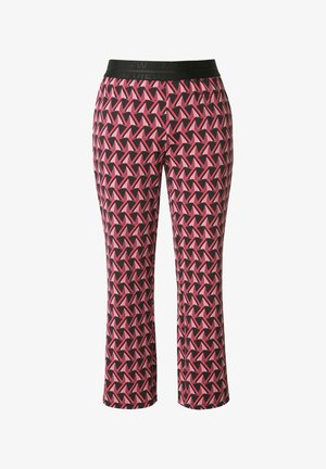 Rosa-schwarze, geometrisch gemusterte Hose mit leicht ausgestelltem Bein und einem schwarzen elastischen Bund.