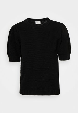 Black knit sweater with short puff sleeves, rounded neckline, and ribbed cuffs and hem. Textured fabric with a solid pattern.
