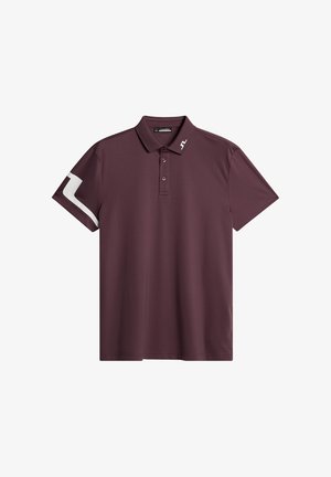 Bordowa koszulka polo, krótki rękaw, kołnierzyk na trzy guziki, białe akcenty na rękawach, gładka tekstura, logo na górnej lewej stronie.