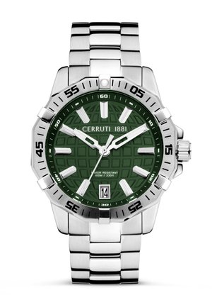 Reloj Cerruti 1881 con un dial texturizado verde, caja de acero inoxidable plateado y brazalete. Presenta marcadores de hora luminosos y una pantalla de fecha.