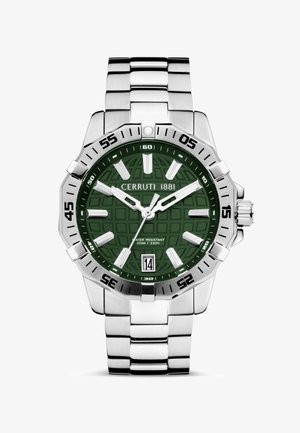 Cerruti 1881 klocka med en grön texturerad urtavla, silverfärgad rostfri stålkapsel och armband. Utrustad med ljusande timmarkörer och en datumvisning.