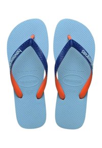 Ciabatte in gomma blu con soletta testurizzata, fasce blu navy e accenti arancioni, con il logo "Havaianas" sulla fascia superiore.