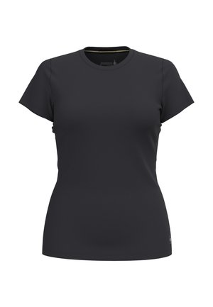 Sort tætsiddende T-shirt til kvinder med korte ærmer og rund hals mod en hvid baggrund.