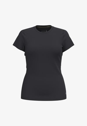 Sort tætsiddende T-shirt til kvinder med korte ærmer og rund hals mod en hvid baggrund.